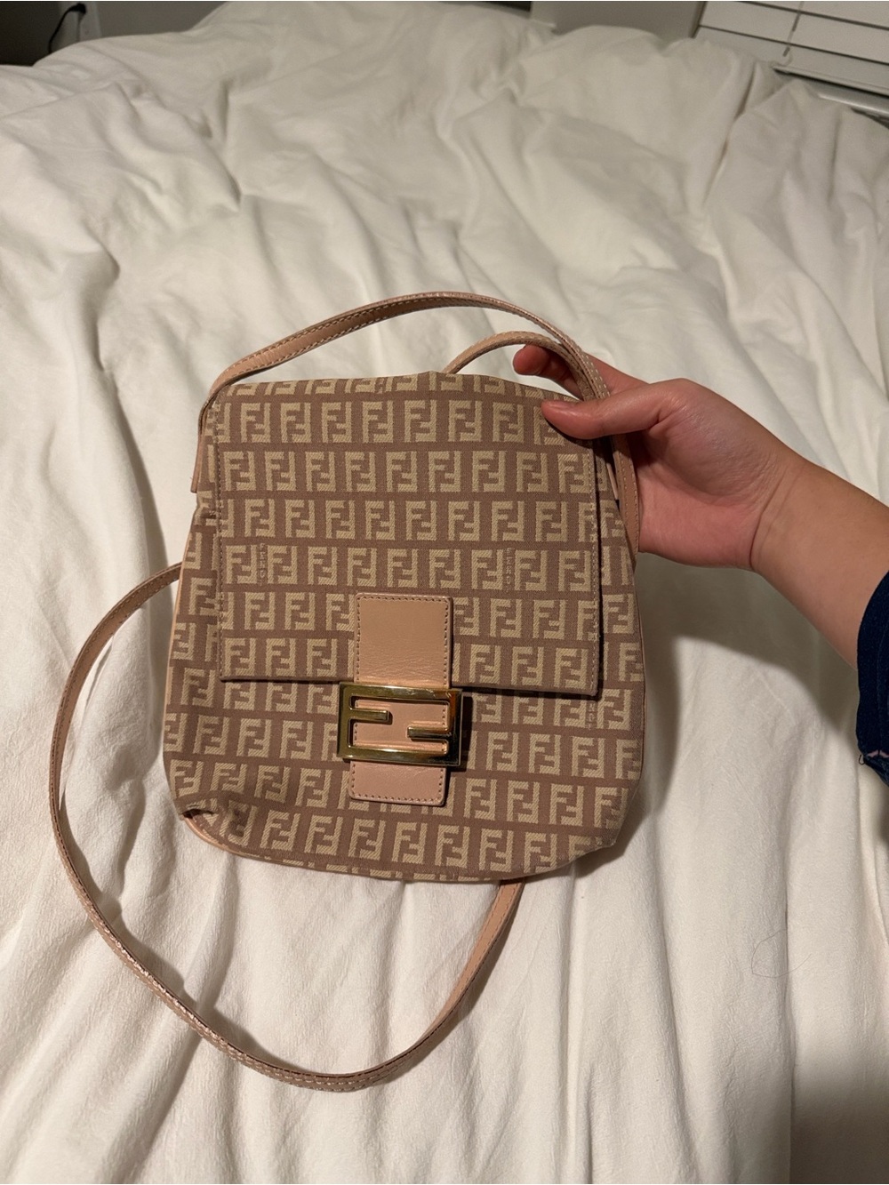 Fendi Beige Zucca Crossbody with Gold Buckle